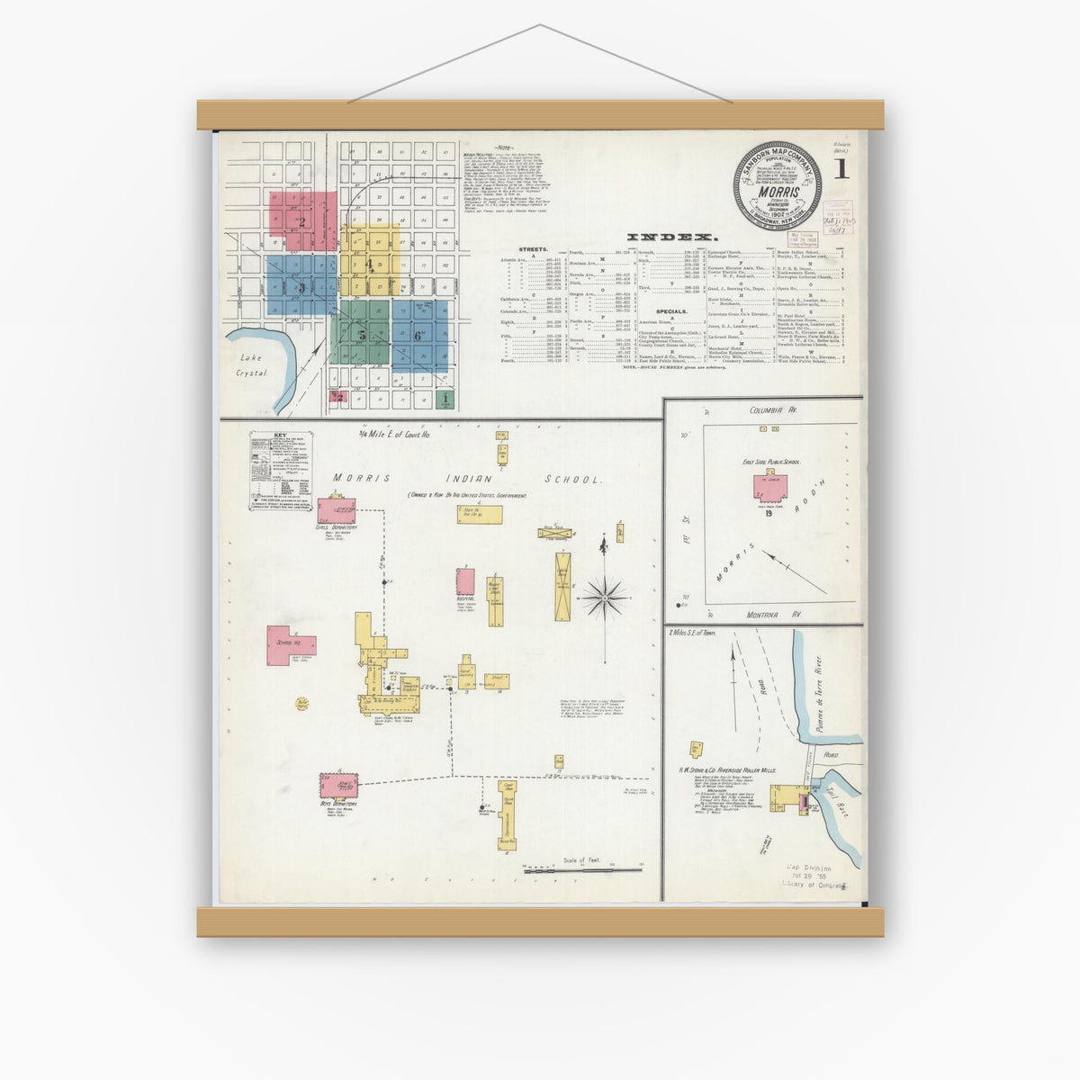Old map wall art mockup — magnetic wood frame on white wall — Sanborn Fire Insurance Map from Morris, Stevens County, Minnesota (1902) - Complete Map Set