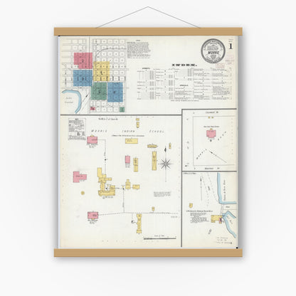 Old map wall art mockup — magnetic wood frame on white wall — Sanborn Fire Insurance Map from Morris, Stevens County, Minnesota (1902) - Complete Map Set
