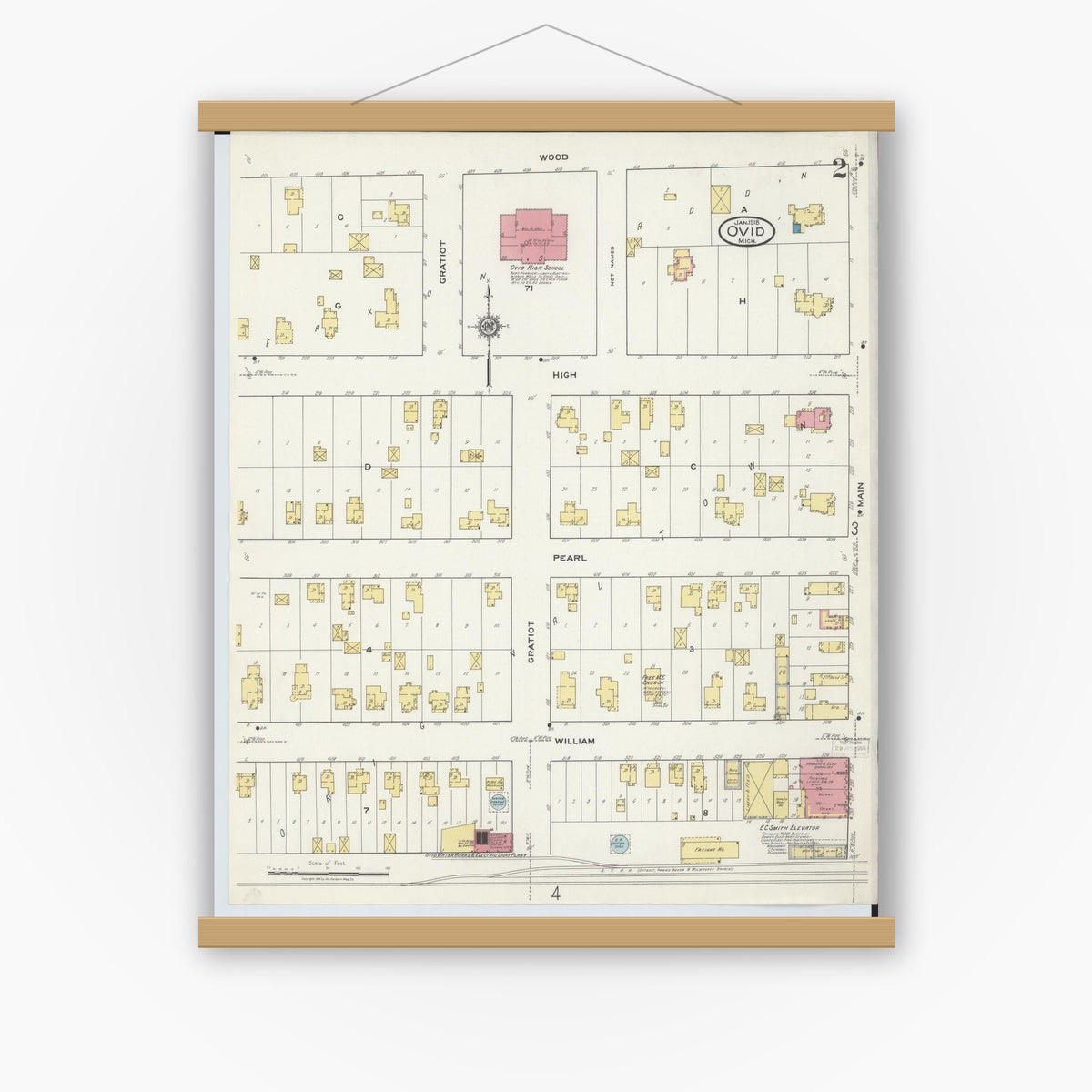 Old map wall art mockup — magnetic wood frame on white wall — Sanborn Fire Insurance Map from Ovid, Clinton County, Michigan (1918), Sheet #0002