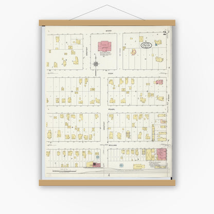 Old map wall art mockup — magnetic wood frame on white wall — Sanborn Fire Insurance Map from Ovid, Clinton County, Michigan (1918), Sheet #0002