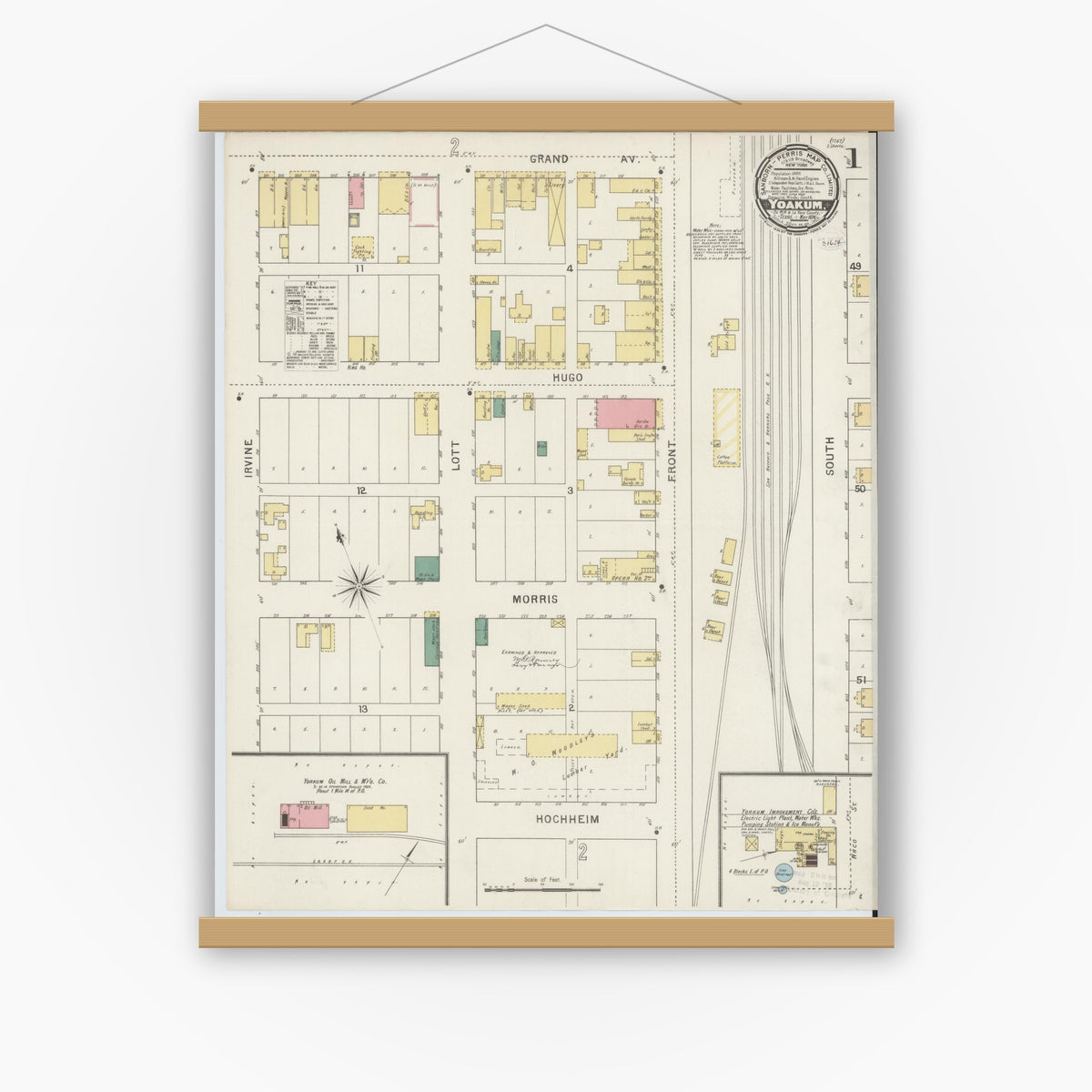 Old map wall art mockup — magnetic wood frame on white wall — Sanborn Fire Insurance Map from Yoakum, De Witt And Lavaca Counties, Texas (1894), Sheet #0001