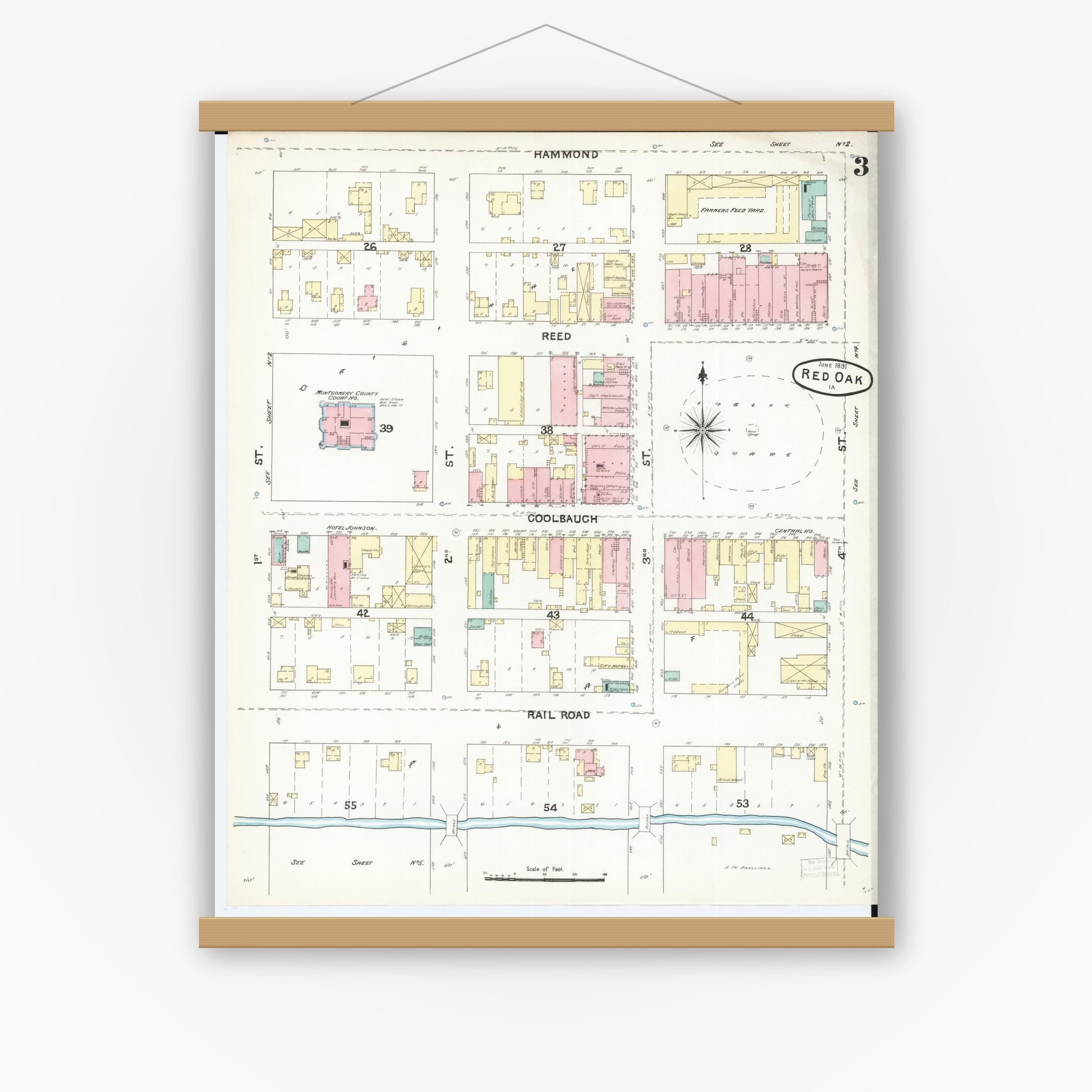 Old map wall art mockup — magnetic wood frame on white wall — Sanborn Fire Insurance Map from Red Oak, Montgomery County, Iowa (1891), Sheet #0003