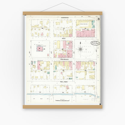 Old map wall art mockup — magnetic wood frame on white wall — Sanborn Fire Insurance Map from Red Oak, Montgomery County, Iowa (1891), Sheet #0003