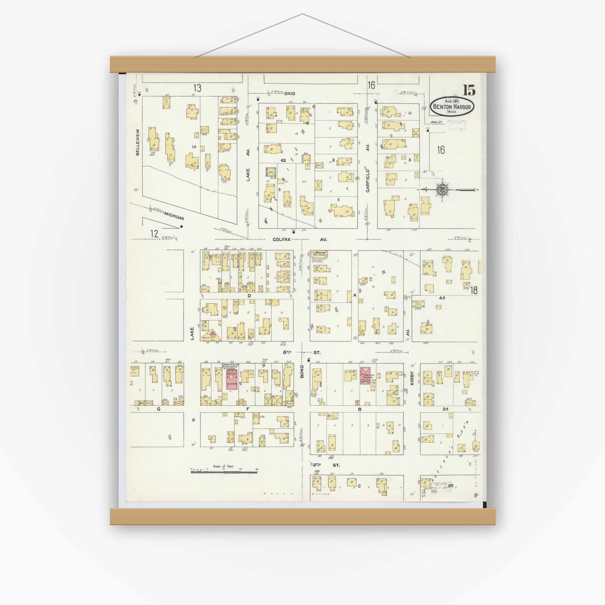 Old map wall art mockup — magnetic wood frame on white wall — Sanborn Fire Insurance Map from Benton Harbor, Berrien County, Michigan (1911), Sheet #0015