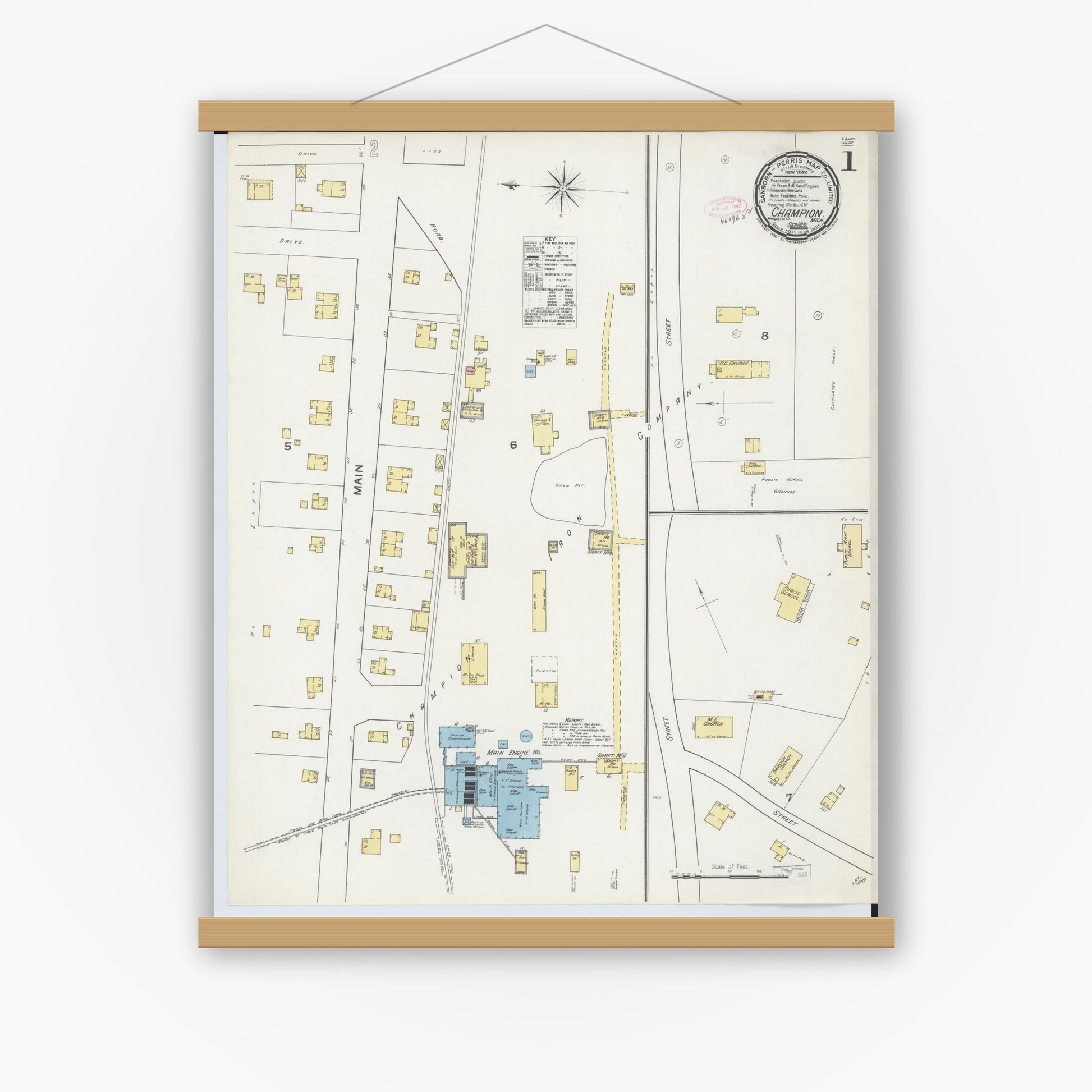 Old map wall art mockup — magnetic wood frame on white wall — Sanborn Fire Insurance Map from Champion, Marquette County, Michigan (1892) - Complete Map Set