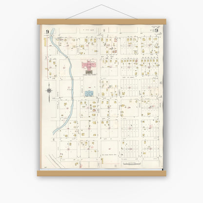 Old map wall art mockup — magnetic wood frame on white wall — Sanborn Fire Insurance Map from Snyder, Scurry County, Texas (1942), Sheet #0009