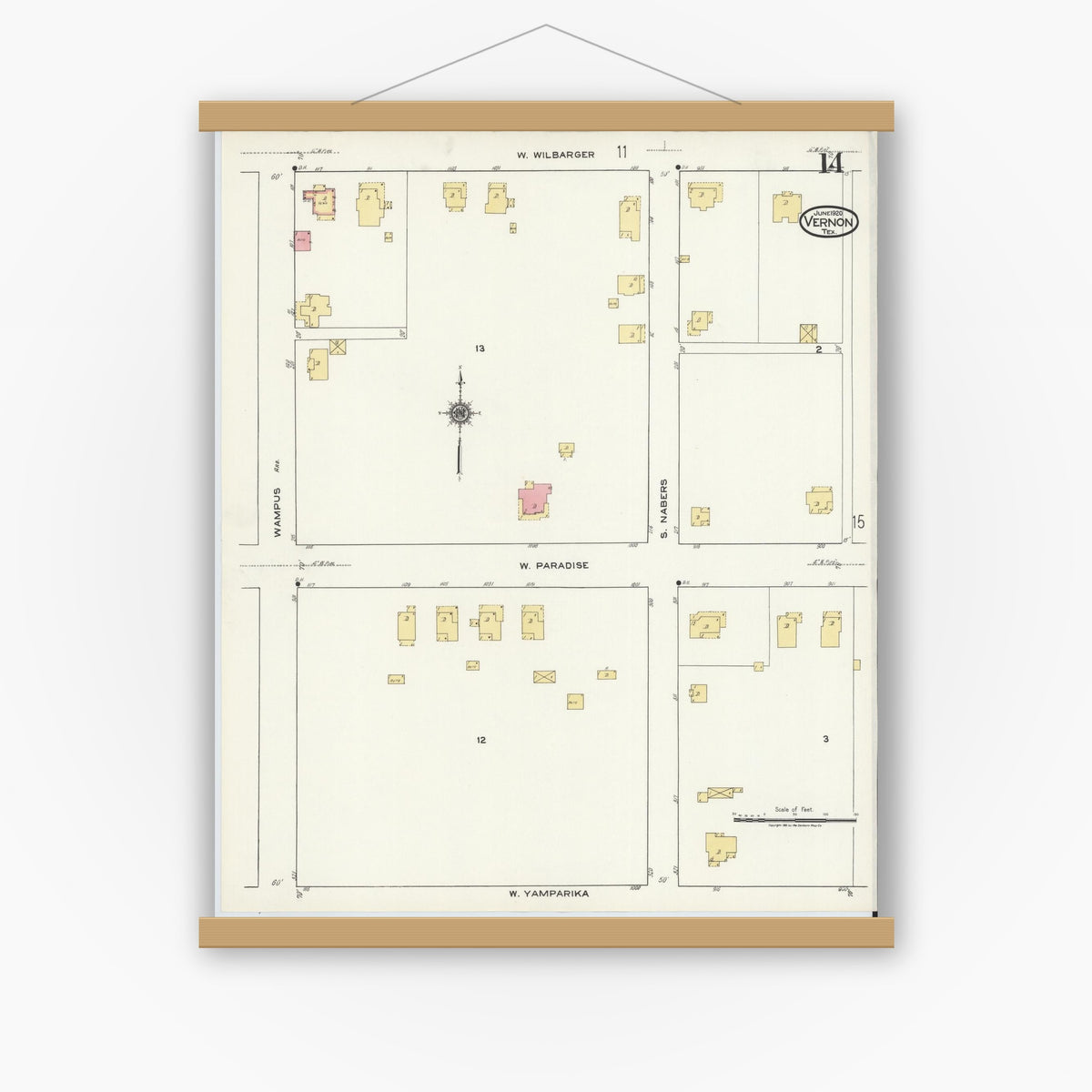 Old map wall art mockup — magnetic wood frame on white wall — Sanborn Fire Insurance Map from Vernon, Wilbarger County, Texas (1920), Sheet #0014