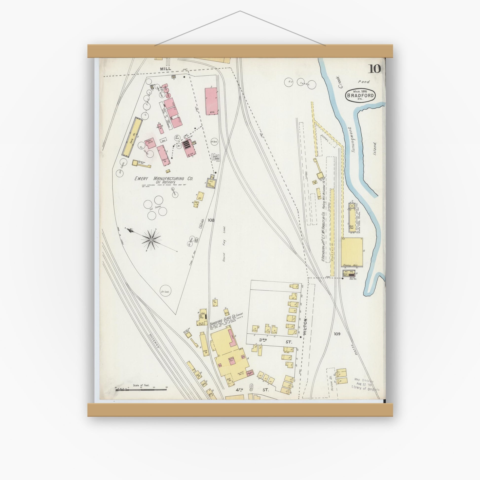 Old map wall art mockup — magnetic wood frame on white wall — Sanborn Fire Insurance Map from Bradford, McKean County, Pennsylvania (1895), Sheet #0010