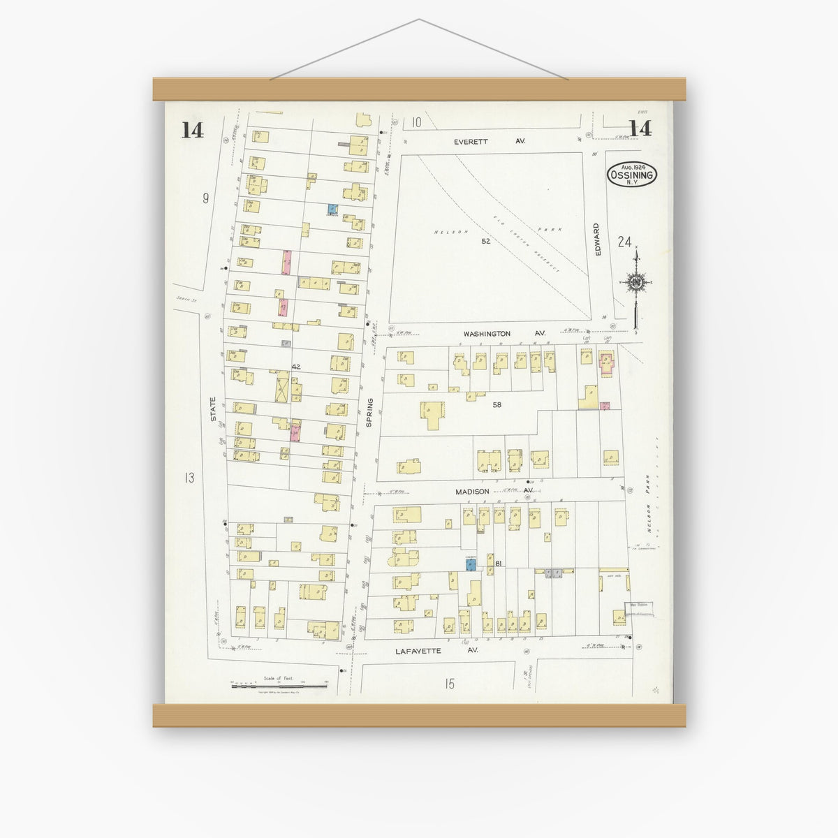 Old map wall art mockup — magnetic wood frame on white wall — Sanborn Fire Insurance Map from Ossining, Westchester County, New York (1924), Sheet #0014
