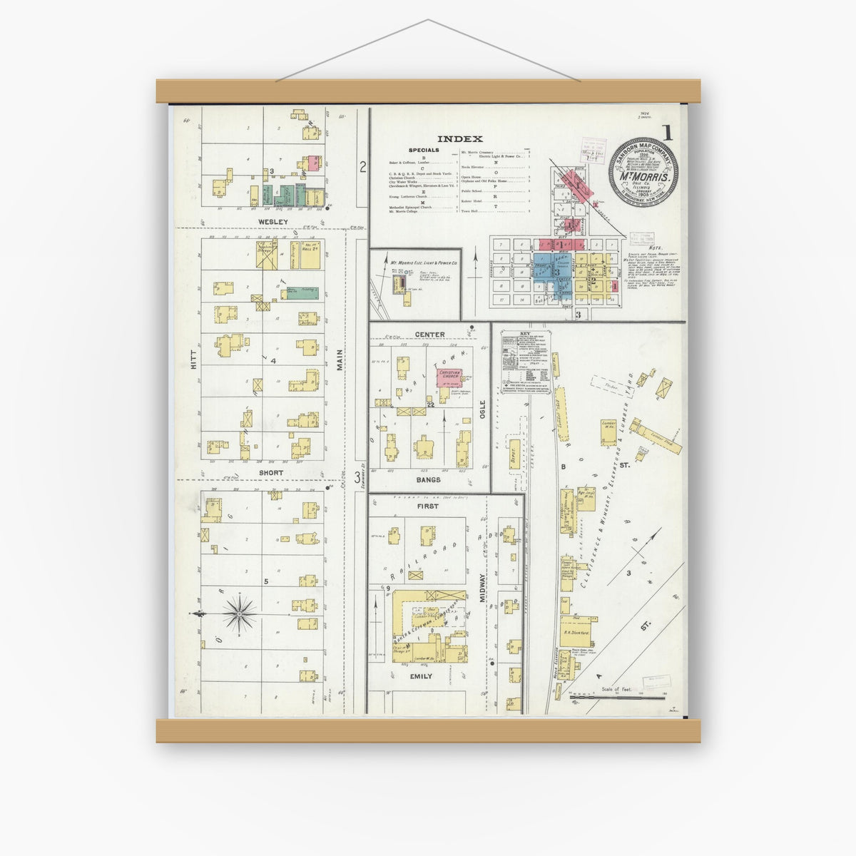 Old map wall art mockup — magnetic wood frame on white wall — Sanborn Fire Insurance Map from Mount Morris, Ogle County, Illinois (1905) - Complete Map Set