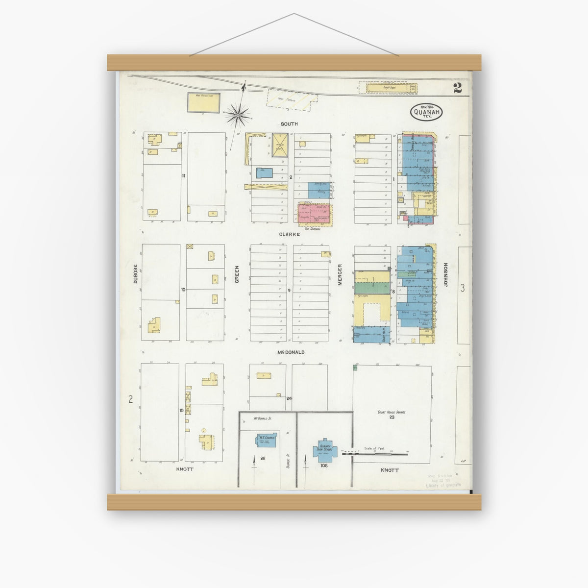 Old map wall art mockup — magnetic wood frame on white wall — Sanborn Fire Insurance Map from Quanah, Hardeman County, Texas (1904), Sheet #0002