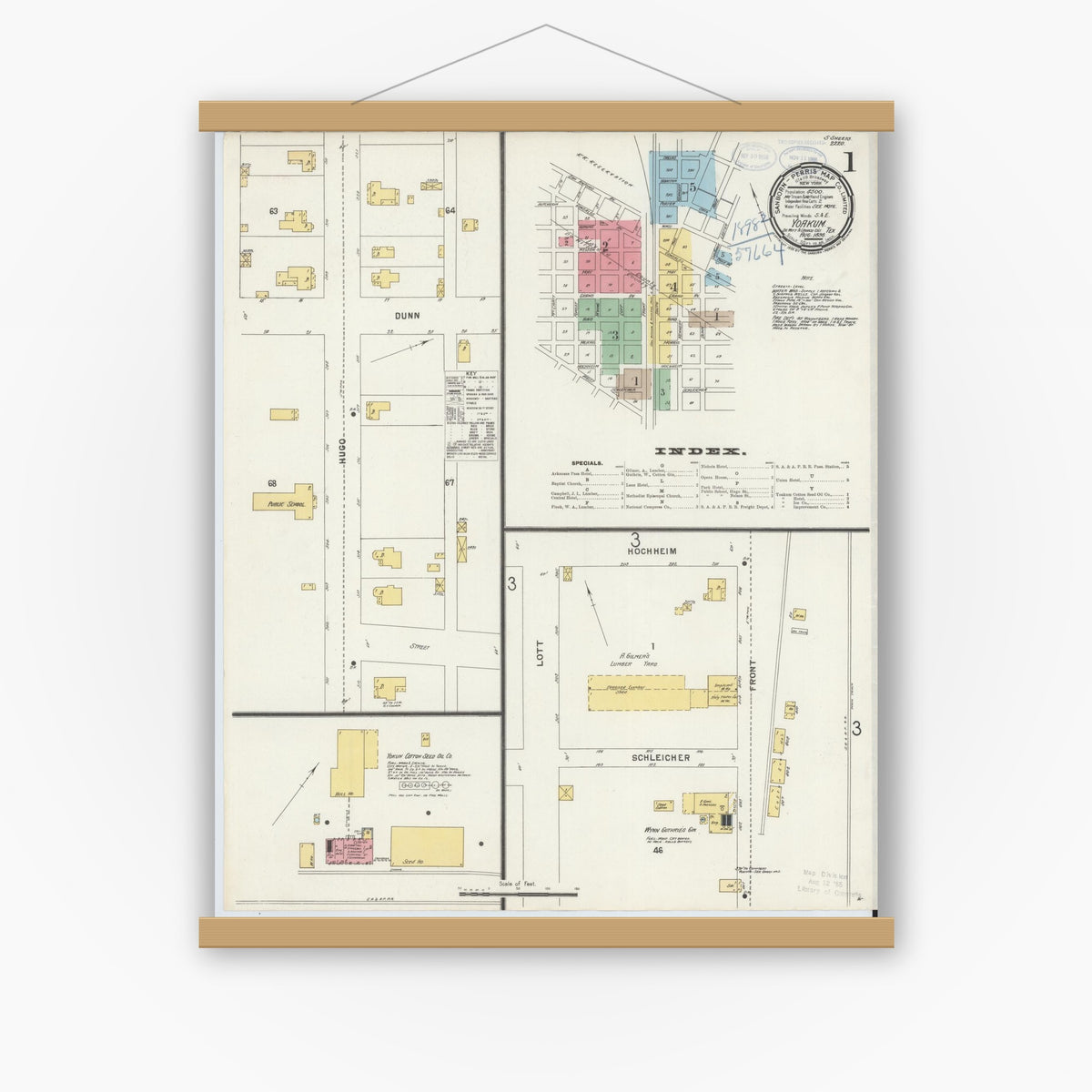 Old map wall art mockup — magnetic wood frame on white wall — Sanborn Fire Insurance Map from Yoakum, De Witt And Lavaca Counties, Texas (1898), Sheet #0001