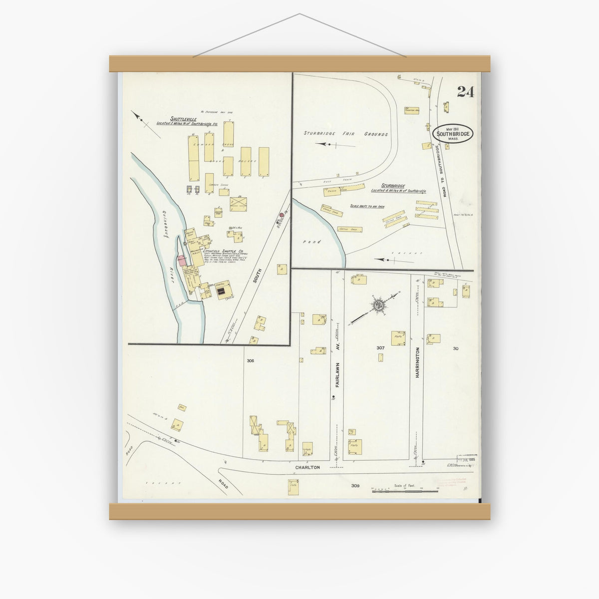 Old map wall art mockup — magnetic wood frame on white wall — Sanborn Fire Insurance Map from Southbridge, Worcester County, Massachusetts (1911), Sheet #0024