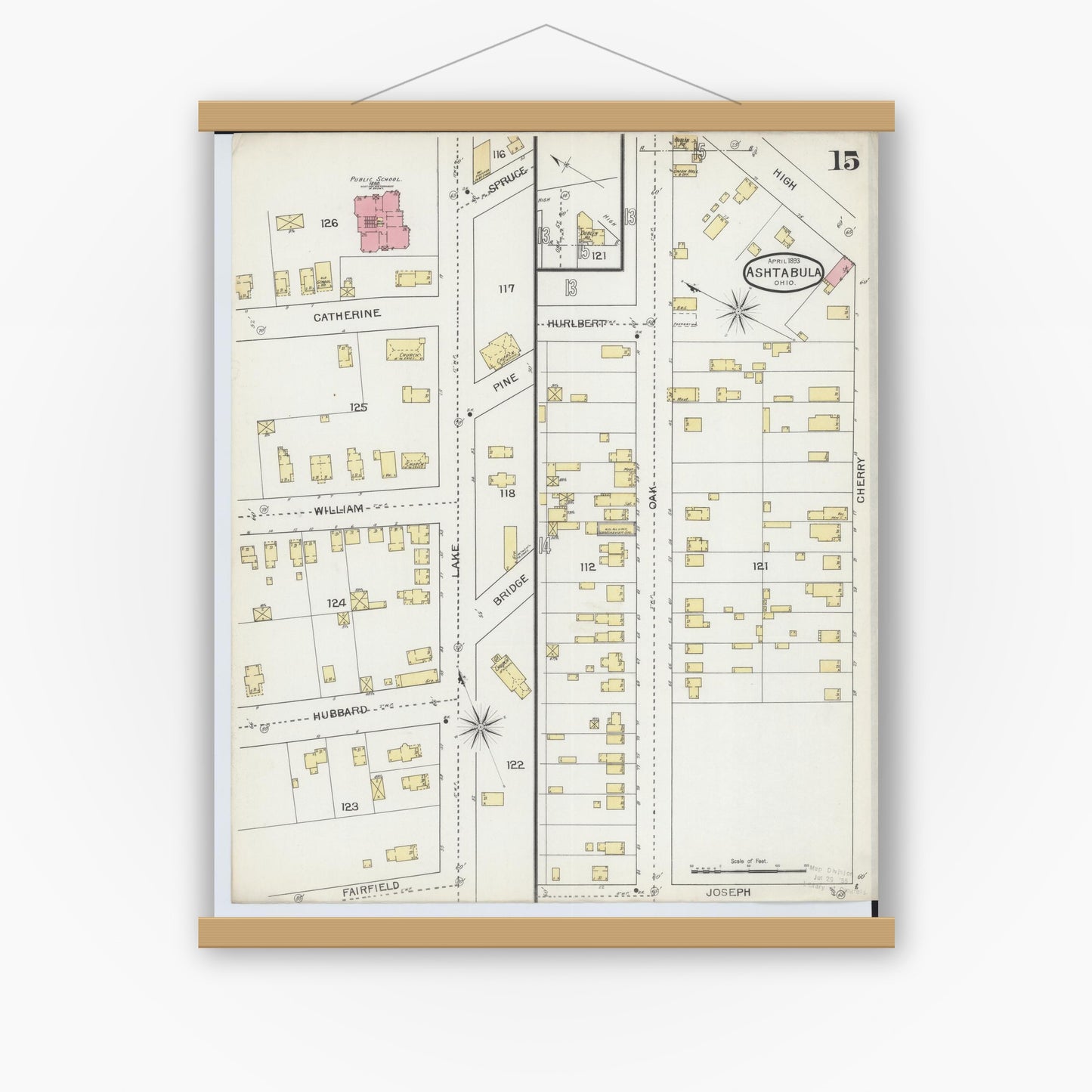Old map wall art mockup — magnetic wood frame on white wall — Sanborn Fire Insurance Map from Ashtabula, Ashtabula County, Ohio (1893), Sheet #0015