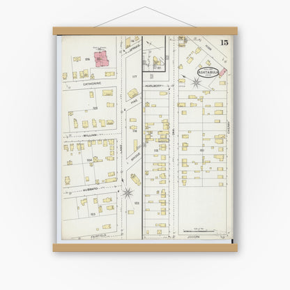 Old map wall art mockup — magnetic wood frame on white wall — Sanborn Fire Insurance Map from Ashtabula, Ashtabula County, Ohio (1893), Sheet #0015