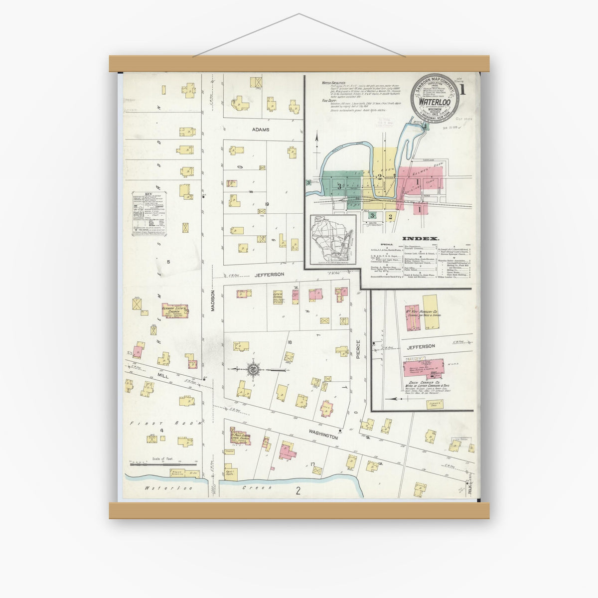 Old map wall art mockup — magnetic wood frame on white wall — Sanborn Fire Insurance Map from Waterloo, Jefferson County, Wisconsin (1912), Sheet #0001