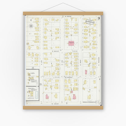 Old map wall art mockup — magnetic wood frame on white wall — Sanborn Fire Insurance Map from Bloomington, McLean County, Illinois (1896), Sheet #0003