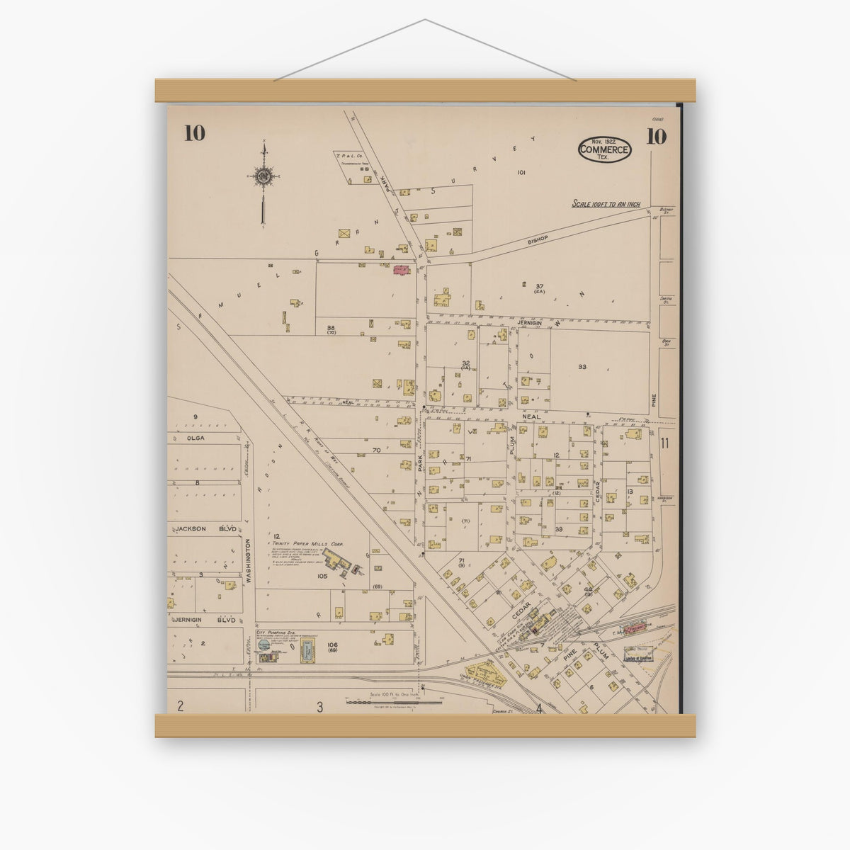 Old map wall art mockup — magnetic wood frame on white wall — Sanborn Fire Insurance Map from Commerce, Hunt County, Texas (1922), Sheet #0010