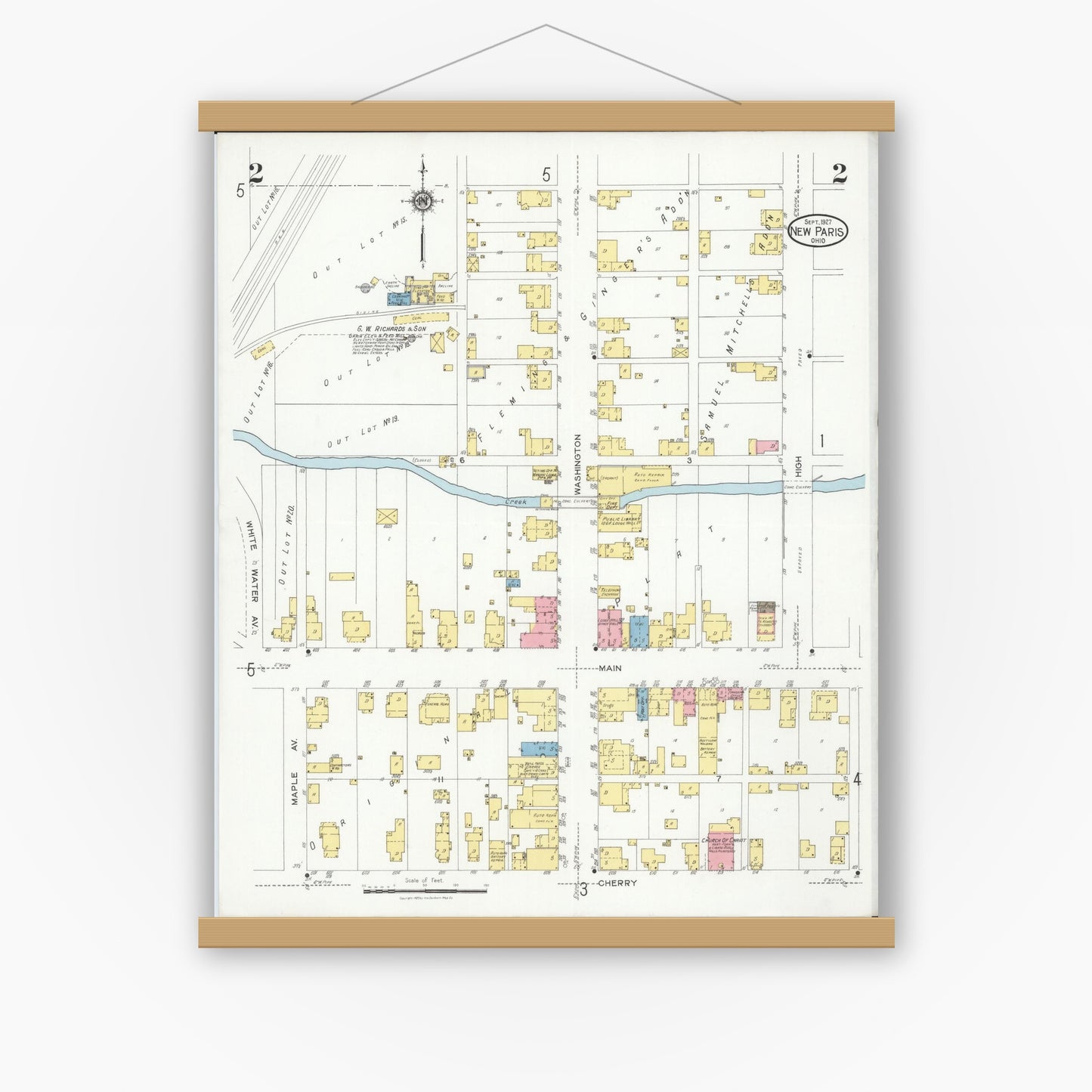 Old map wall art mockup — magnetic wood frame on white wall — Sanborn Fire Insurance Map from New Paris, Preble County, Ohio (1927), Sheet #0002