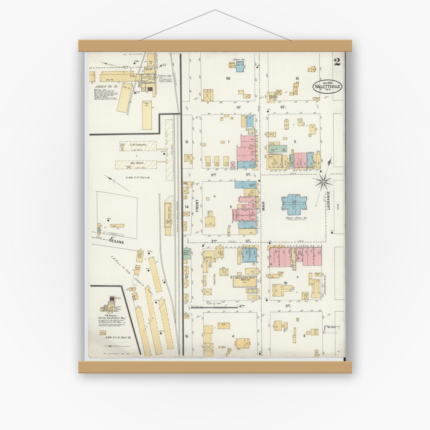 Old map wall art mockup — magnetic wood frame on white wall — Sanborn Fire Insurance Map from Hallettsville, Lavaca County, Texas (1900), Sheet #0002