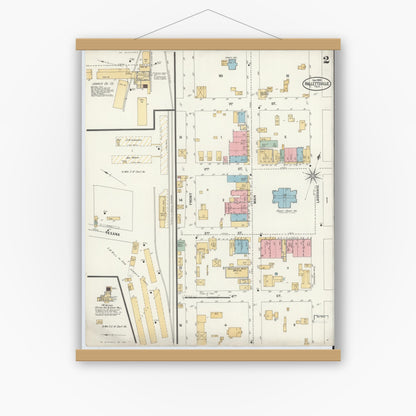 Old map wall art mockup — magnetic wood frame on white wall — Sanborn Fire Insurance Map from Hallettsville, Lavaca County, Texas (1900), Sheet #0002