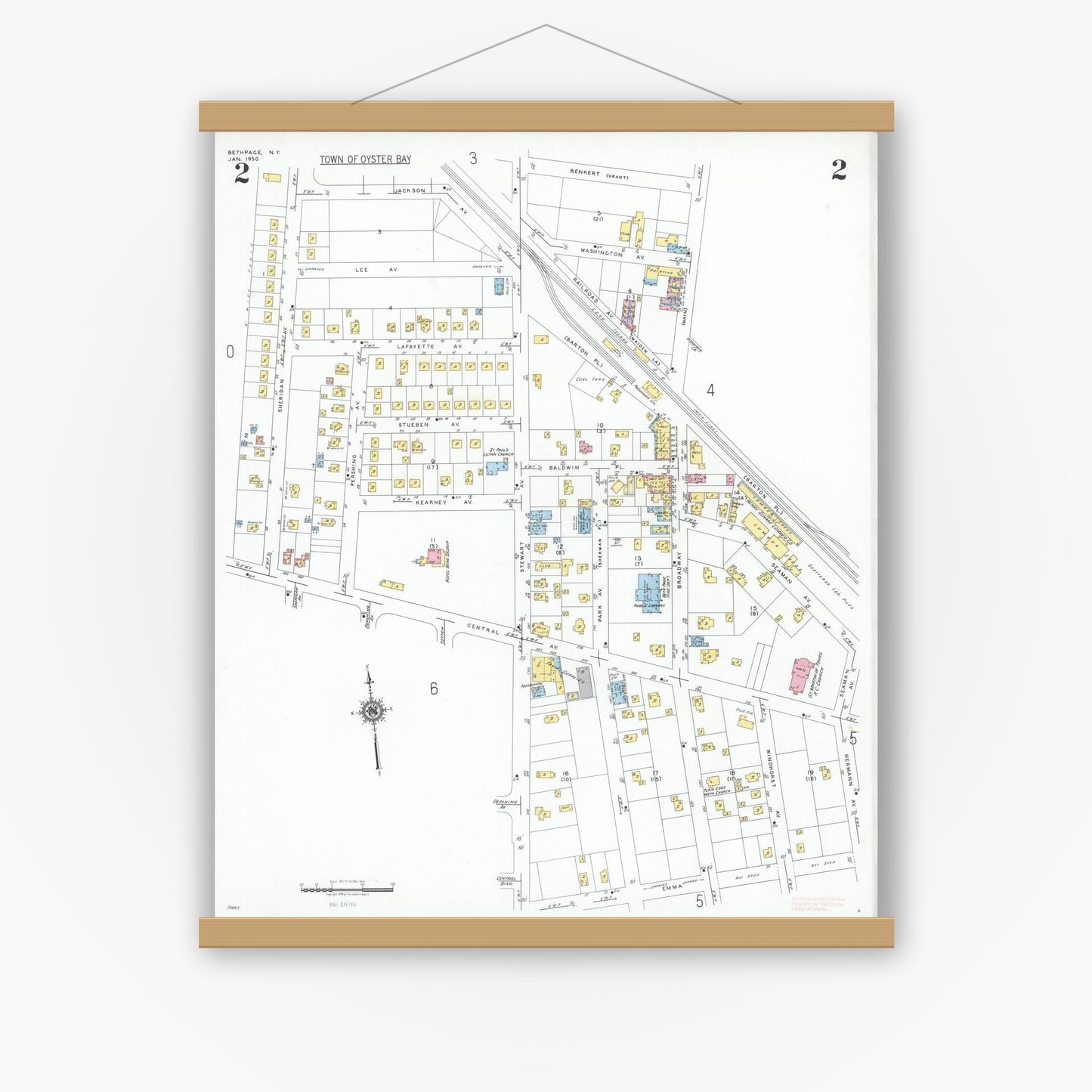 Old map wall art mockup — magnetic wood frame on white wall — Sanborn Fire Insurance Map from Bethpage, Nassau County, New York (1950), Sheet #0002