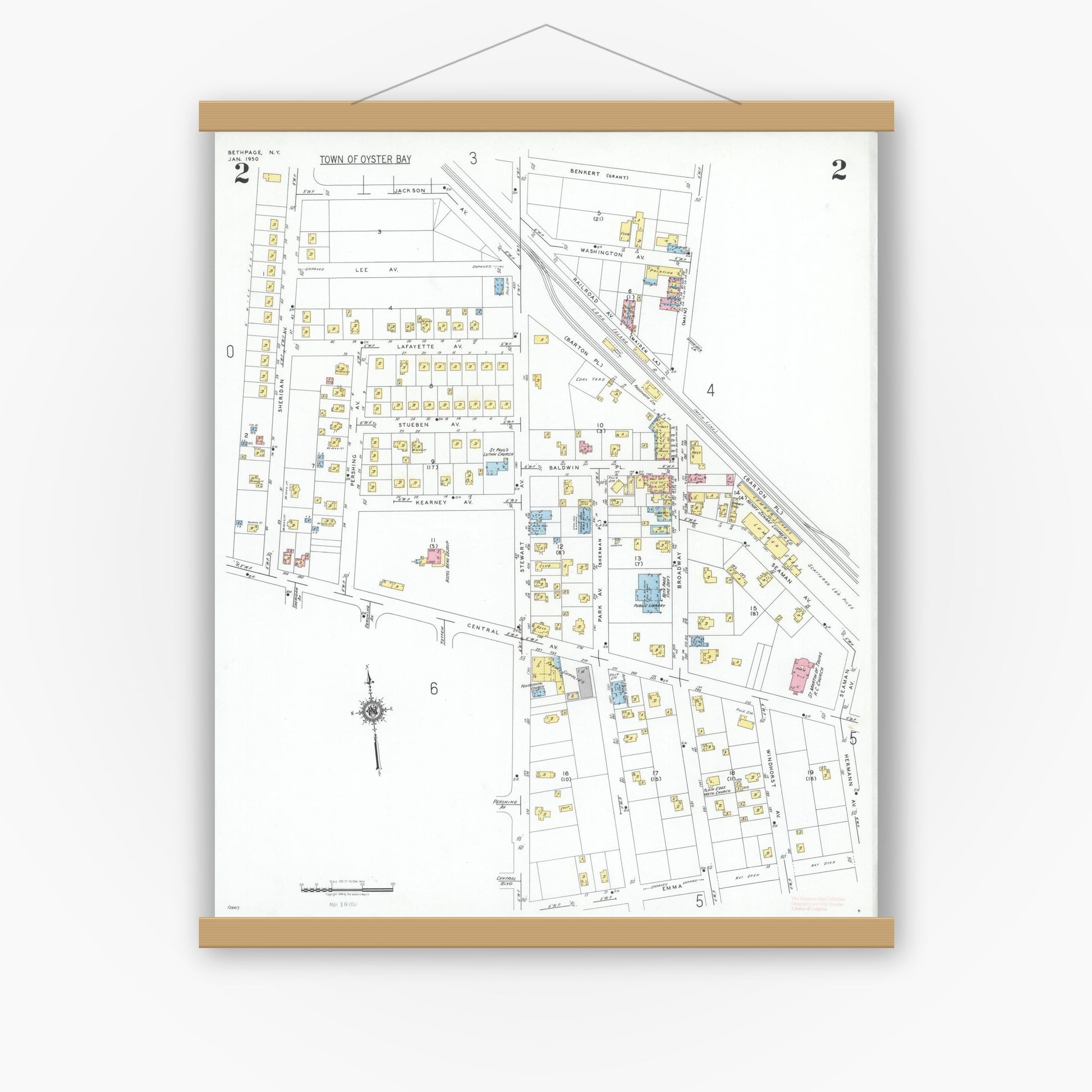 Old map wall art mockup — magnetic wood frame on white wall — Sanborn Fire Insurance Map from Bethpage, Nassau County, New York (1950), Sheet #0002