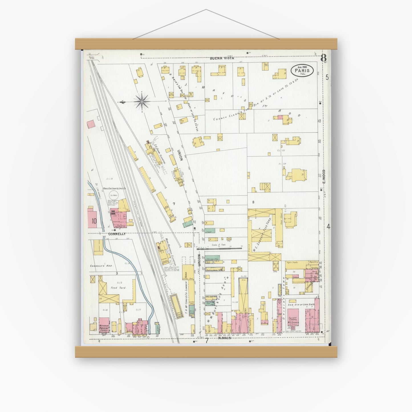 Old map wall art mockup — magnetic wood frame on white wall — Sanborn Fire Insurance Map from Paris, Edgar County, Illinois (1900), Sheet #0008