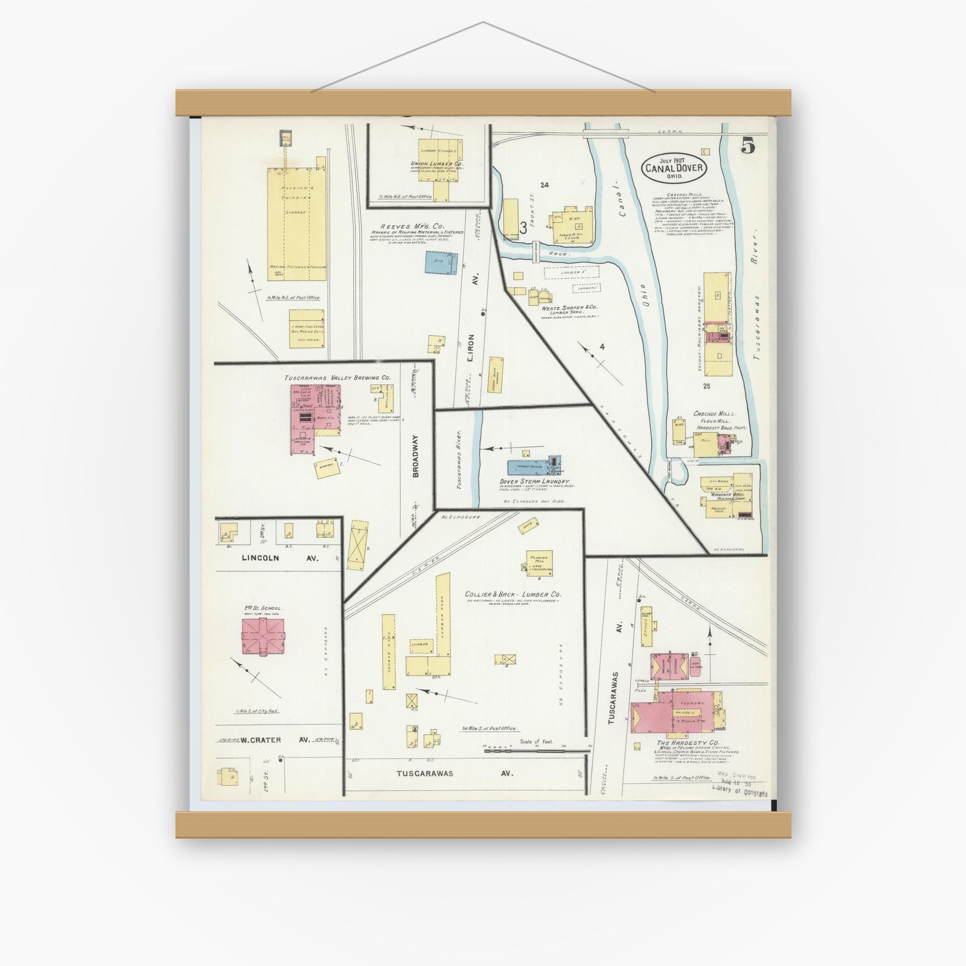 Old map wall art mockup — magnetic wood frame on white wall — Sanborn Fire Insurance Map from Canal Dover, Tuscarawas County, Ohio (1907), Sheet #0005