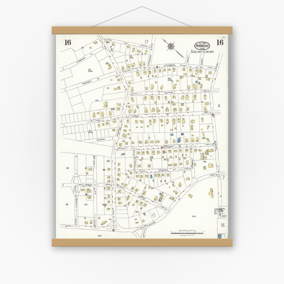 Old map wall art mockup — magnetic wood frame on white wall — Sanborn Fire Insurance Map from Norwood, Norfolk County, Massachusetts (1923), Sheet #0016