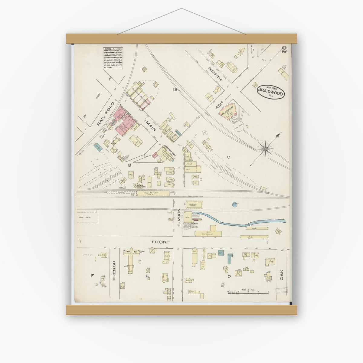 Old map wall art mockup — magnetic wood frame on white wall — Sanborn Fire Insurance Map from Braidwood, Will County, Illinois (1885), Sheet #0002