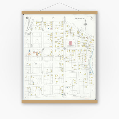 Old map wall art mockup — magnetic wood frame on white wall — Sanborn Fire Insurance Map from Chesaning, Saginaw County, Michigan (1935), Sheet #0003