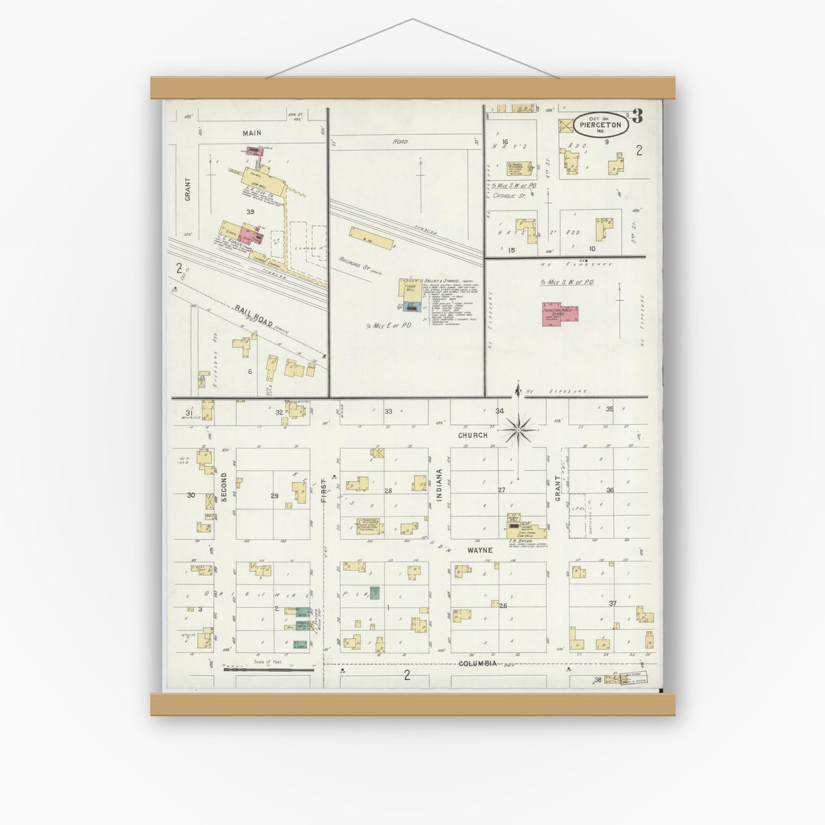 Old map wall art mockup — magnetic wood frame on white wall — Sanborn Fire Insurance Map from Pierceton, Kosciusko County, Indiana (1901), Sheet #0003