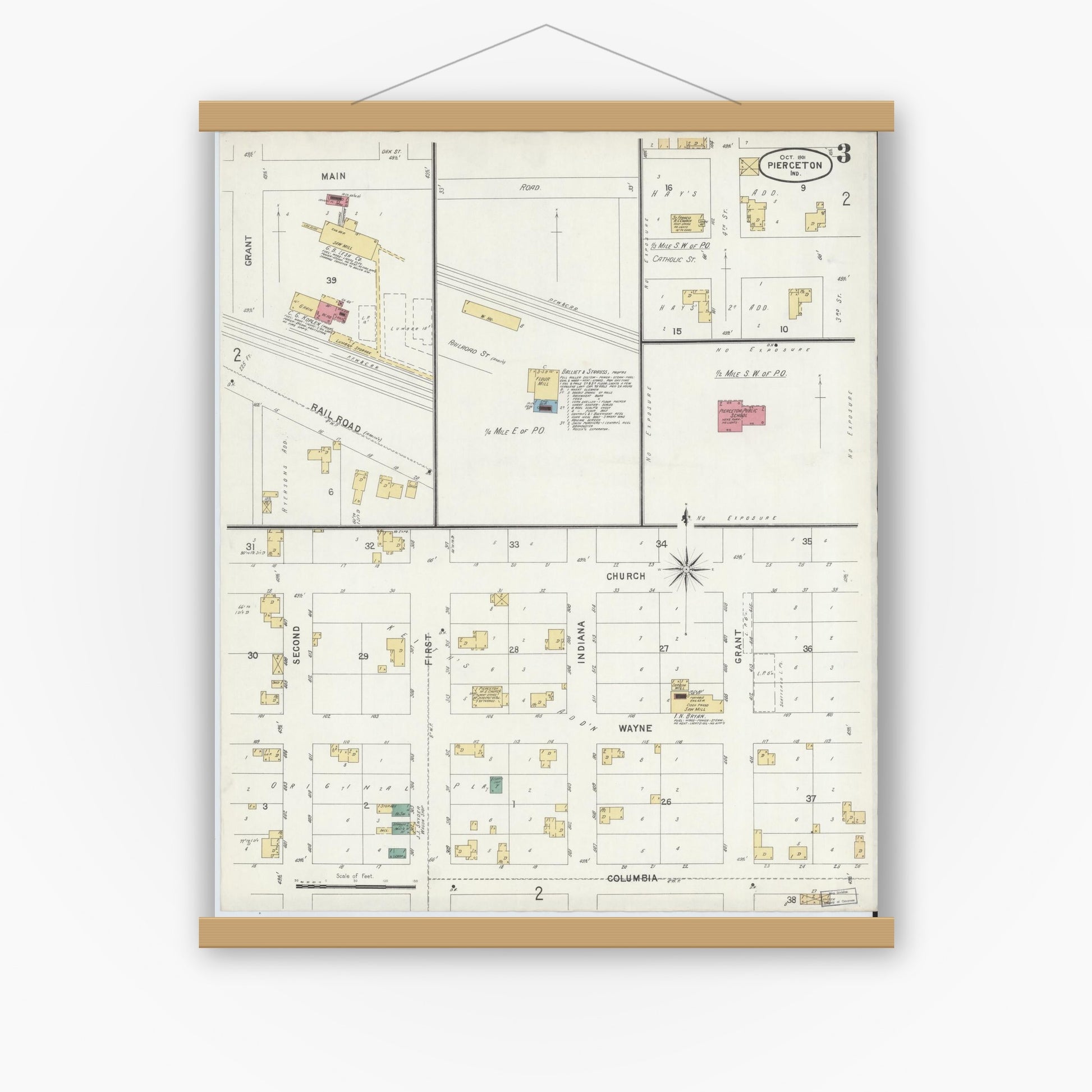 Old map wall art mockup — magnetic wood frame on white wall — Sanborn Fire Insurance Map from Pierceton, Kosciusko County, Indiana (1901), Sheet #0003