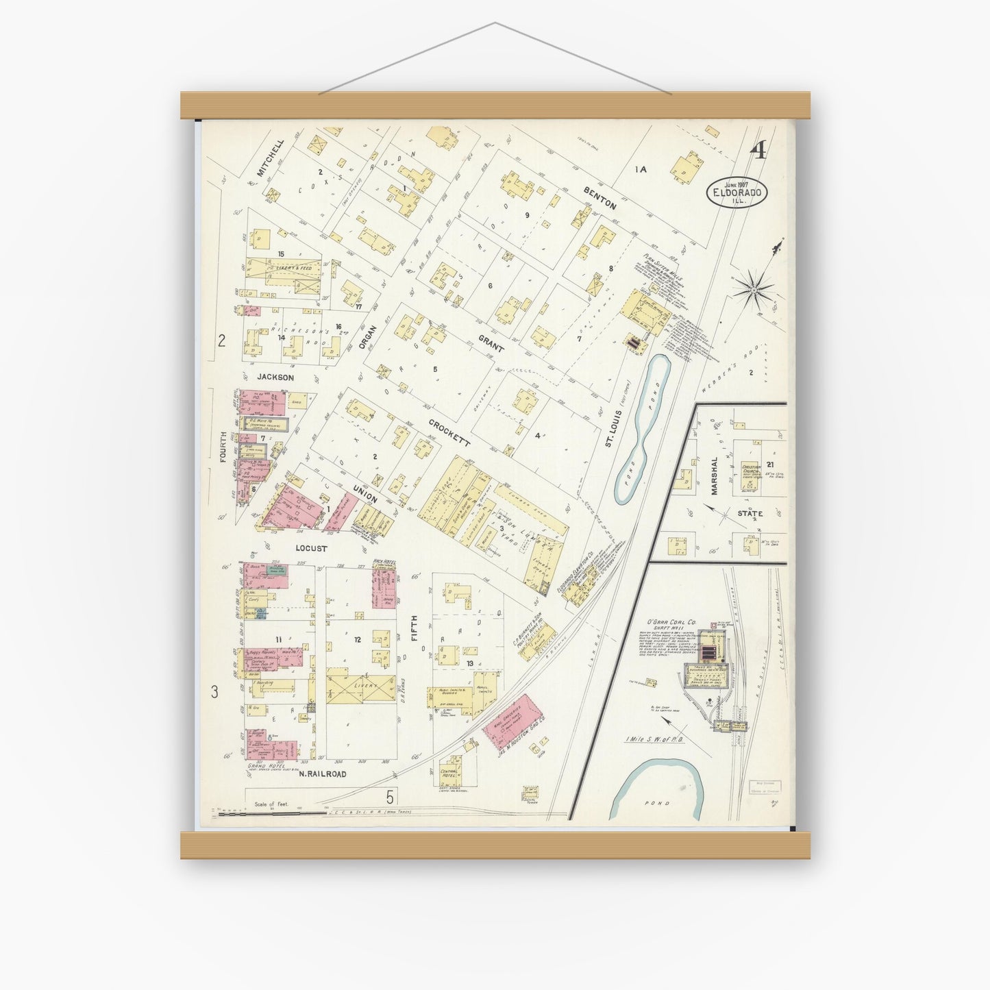 Old map wall art mockup — magnetic wood frame on white wall — Sanborn Fire Insurance Map from Eldorado, Saline County, Illinois (1907), Sheet #0004