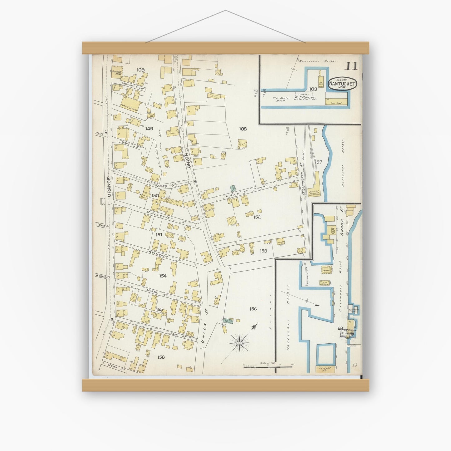 Old map wall art mockup — magnetic wood frame on white wall — Sanborn Fire Insurance Map from Nantucket, Nantucket County, Massachusetts (1892), Sheet #0011