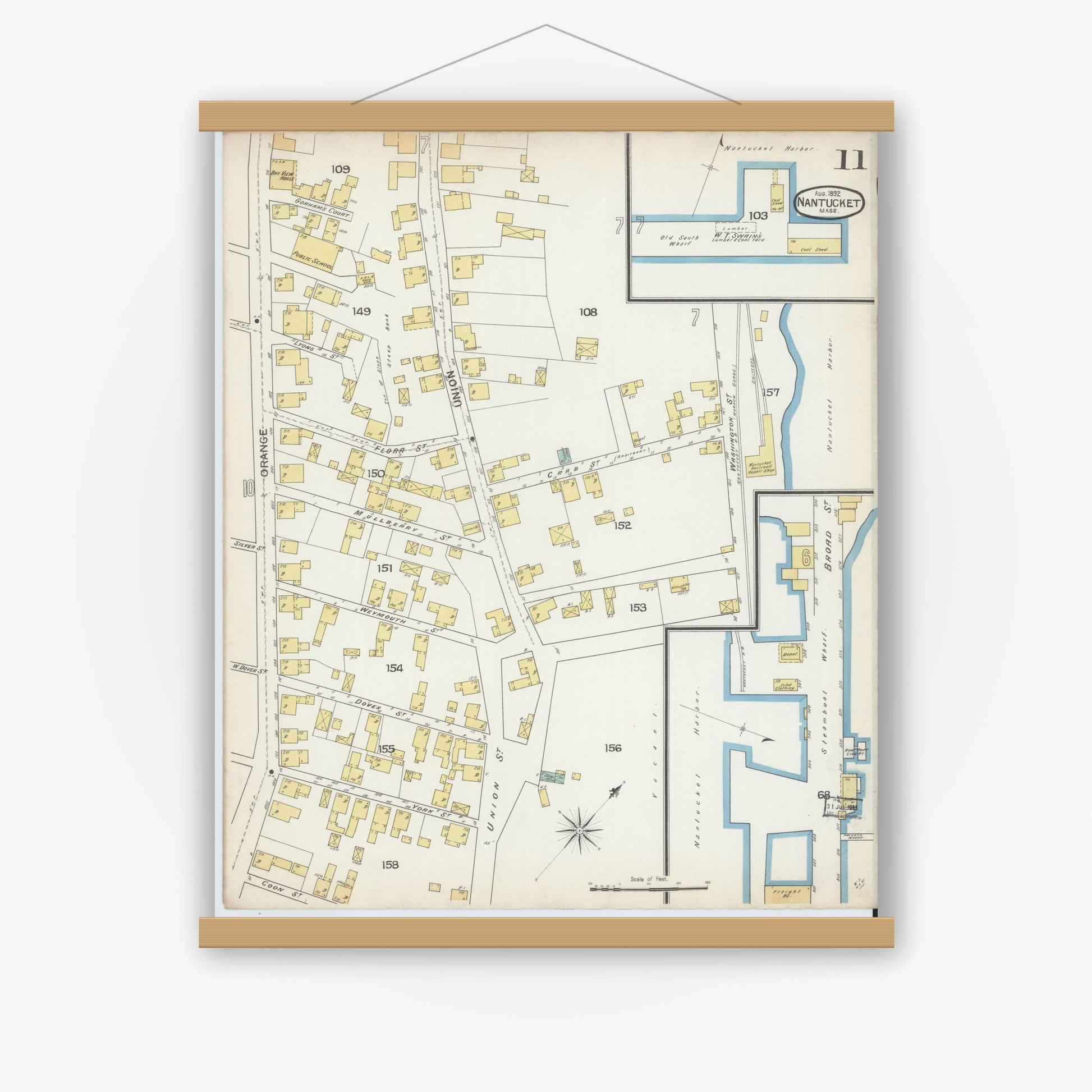 Old map wall art mockup — magnetic wood frame on white wall — Sanborn Fire Insurance Map from Nantucket, Nantucket County, Massachusetts (1892), Sheet #0011