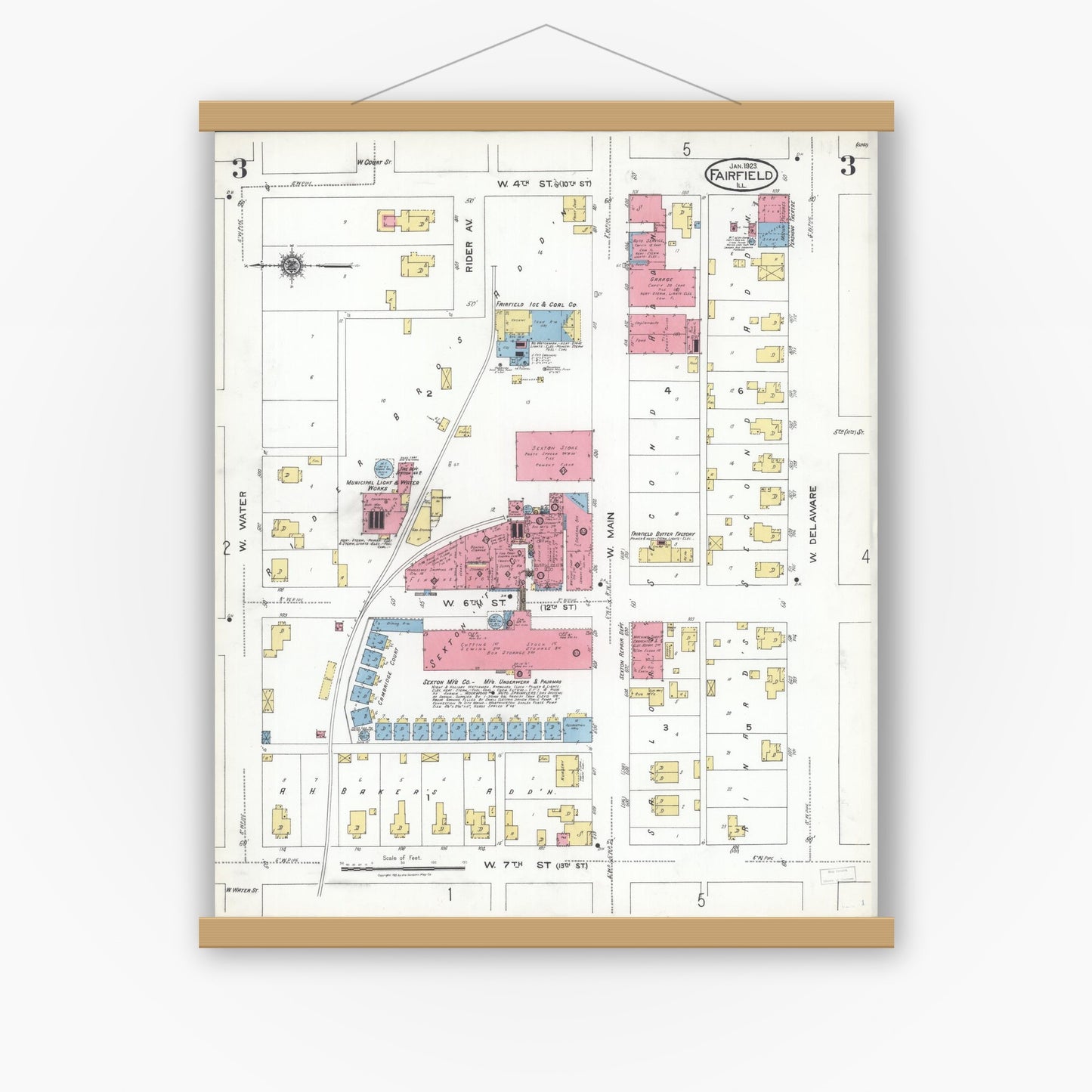 Old map wall art mockup — magnetic wood frame on white wall — Sanborn Fire Insurance Map from Fairfield, Wayne County, Illinois (1923), Sheet #0003