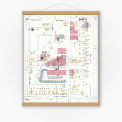 Old map wall art mockup — magnetic wood frame on white wall — Sanborn Fire Insurance Map from Fairfield, Wayne County, Illinois (1923), Sheet #0003