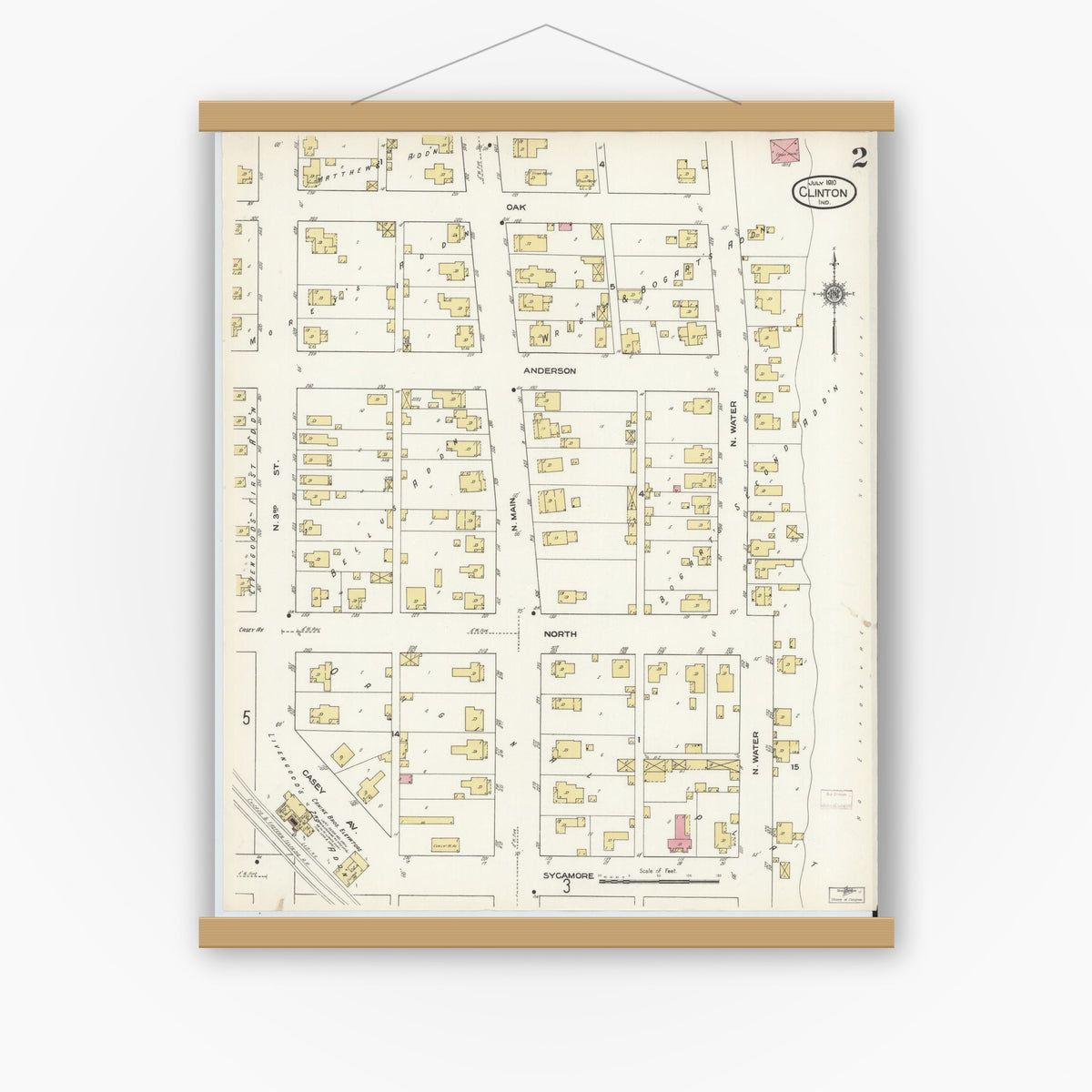 Old map wall art mockup — magnetic wood frame on white wall — Sanborn Fire Insurance Map from Clinton, Vermillion County, Indiana (1910), Sheet #0002