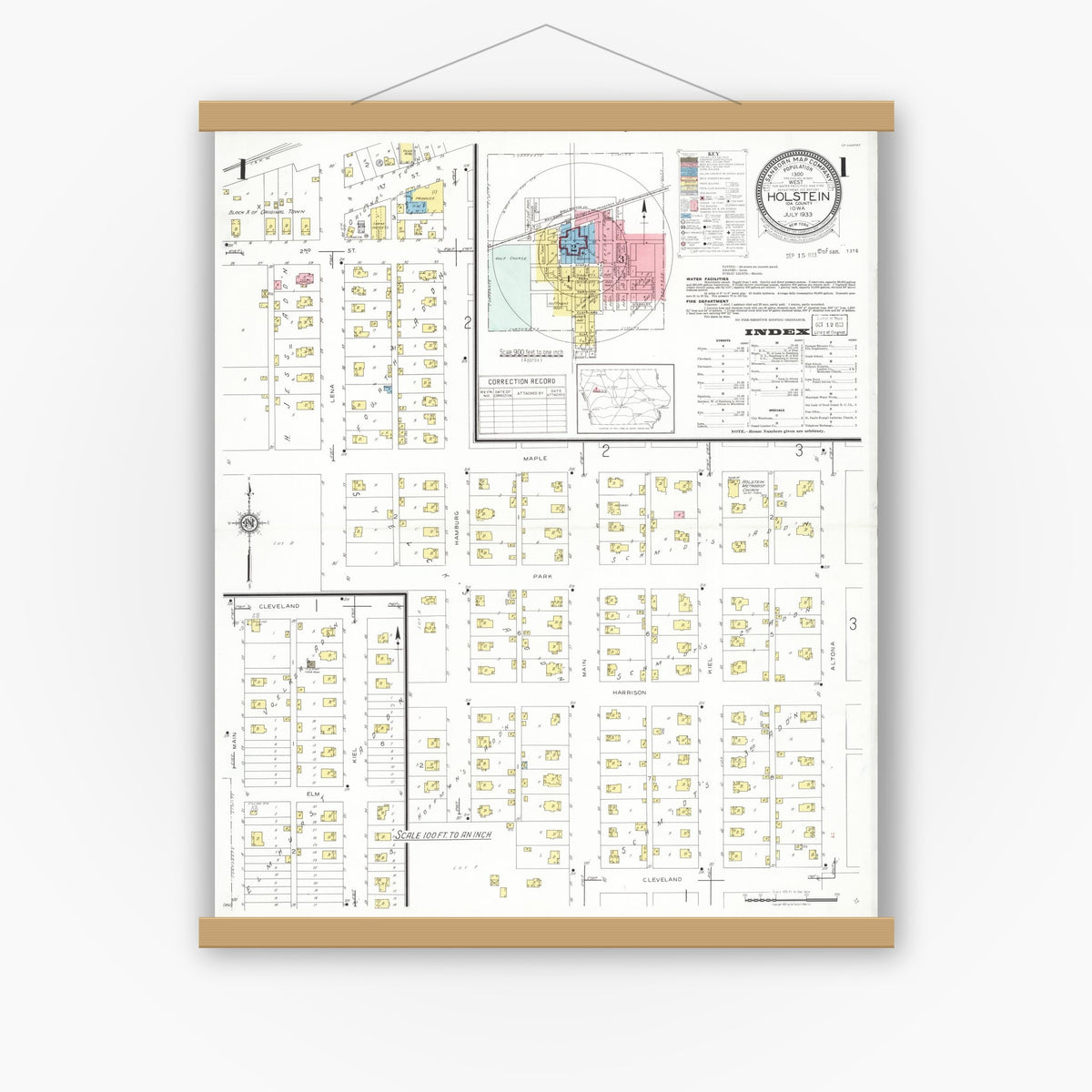 Old map wall art mockup — magnetic wood frame on white wall — Sanborn Fire Insurance Map from Holstein, Ida County, Iowa (1933) â€” Complete Set