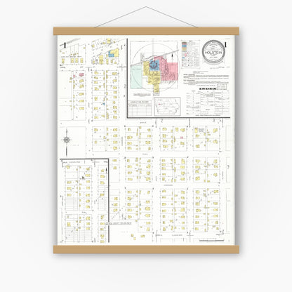 Old map wall art mockup — magnetic wood frame on white wall — Sanborn Fire Insurance Map from Holstein, Ida County, Iowa (1933) â€” Complete Set