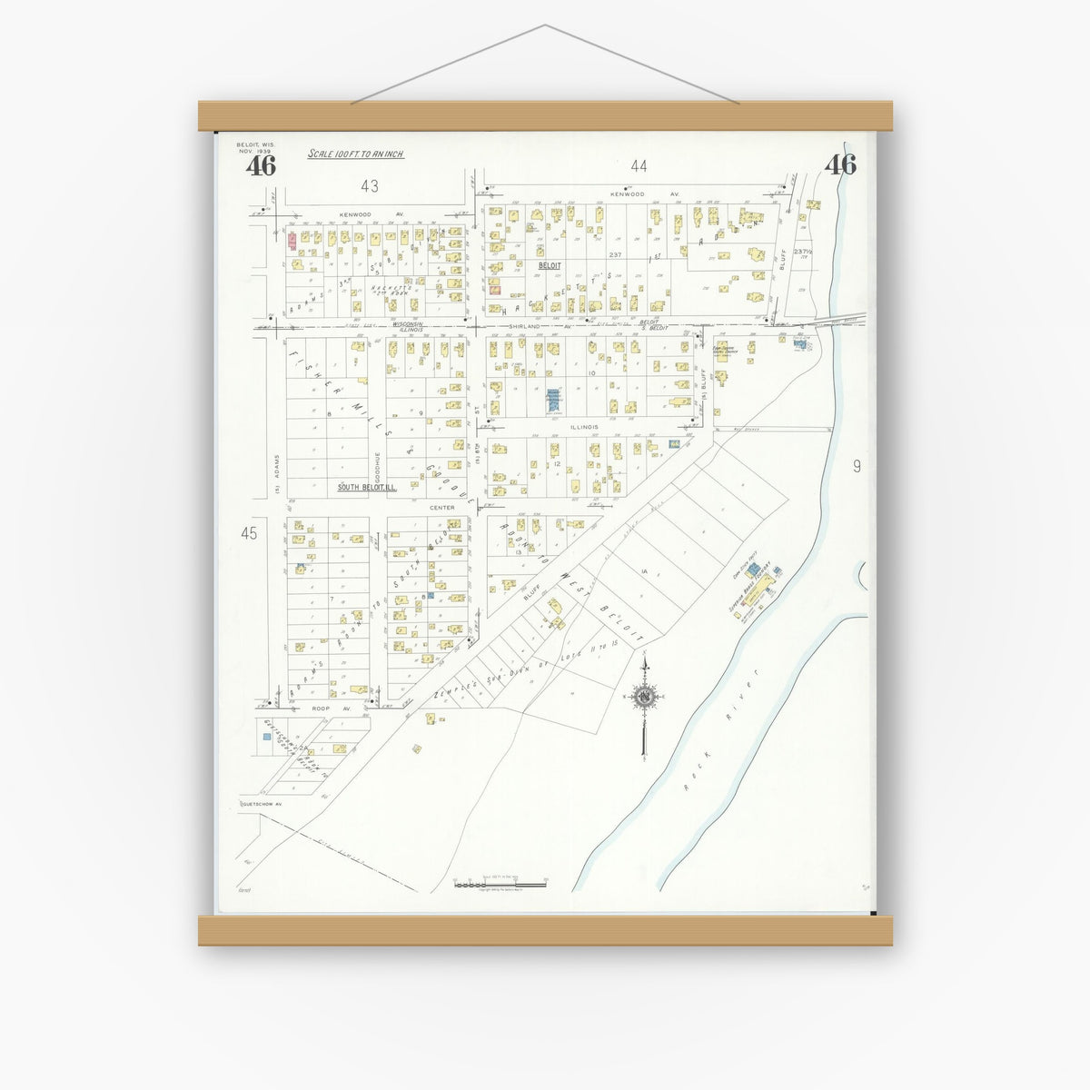 Old map wall art mockup — magnetic wood frame on white wall — Sanborn Fire Insurance Map from Beloit, Rock County, Wisconsin (1939), Sheet #0046