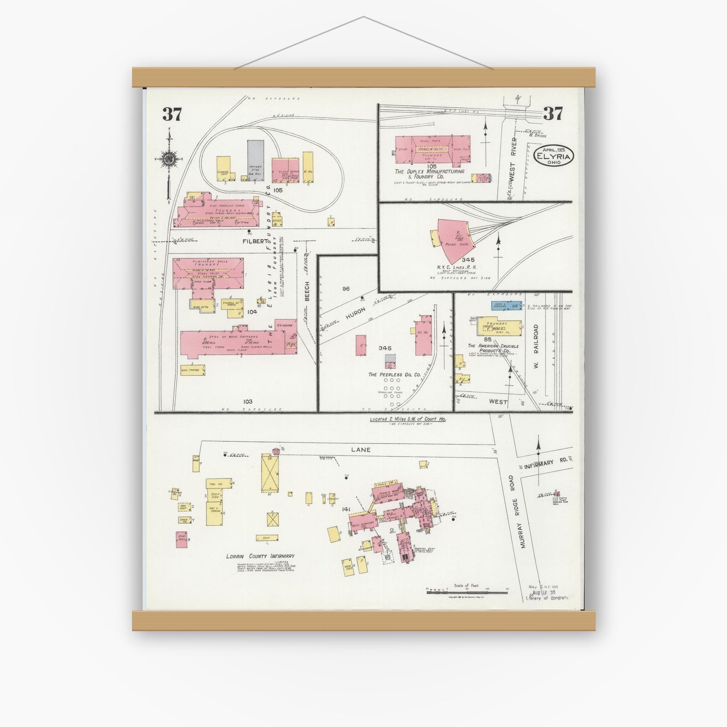 Old map wall art mockup — magnetic wood frame on white wall — Sanborn Fire Insurance Map from Elyria, Lorain County, Ohio (1925), Sheet #0037