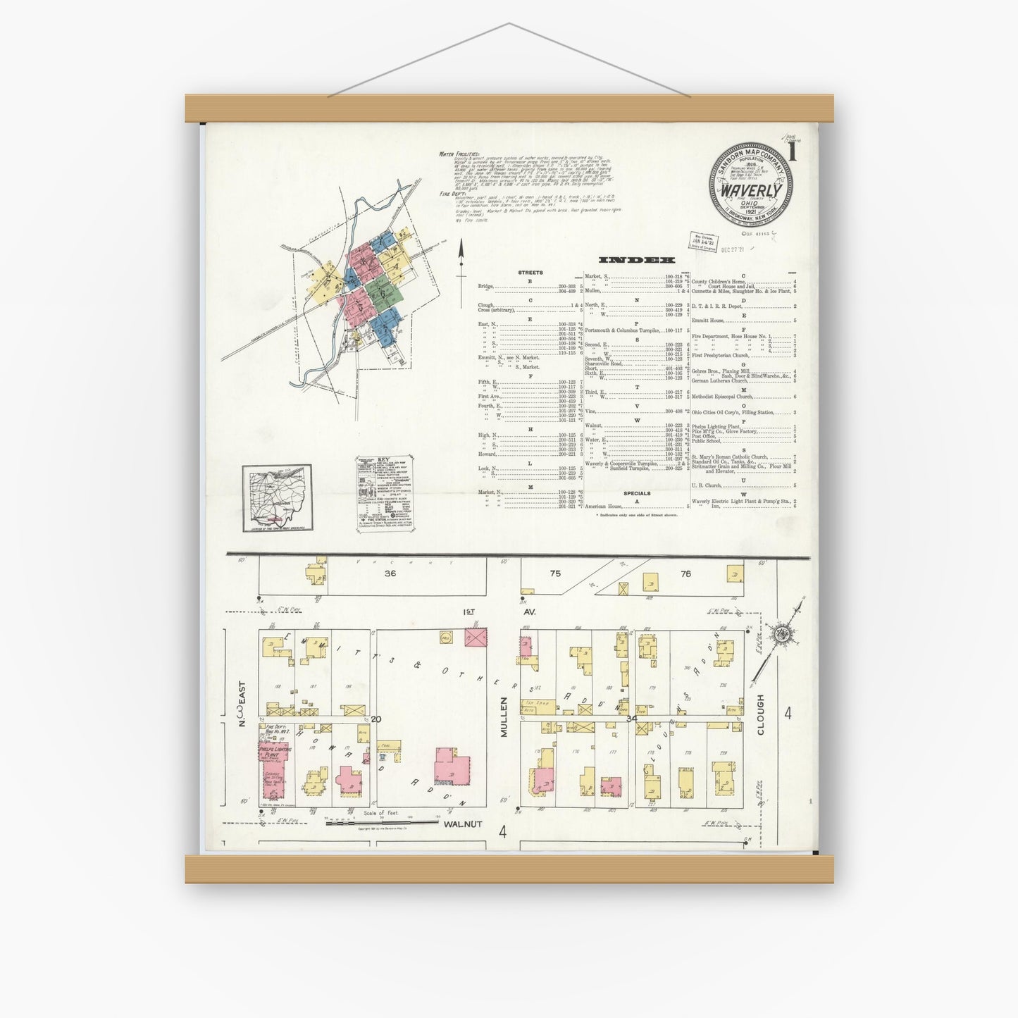 Old map wall art mockup — magnetic wood frame on white wall — Sanborn Fire Insurance Map from Waverly, Pike County, Ohio (1921), Sheet #0001