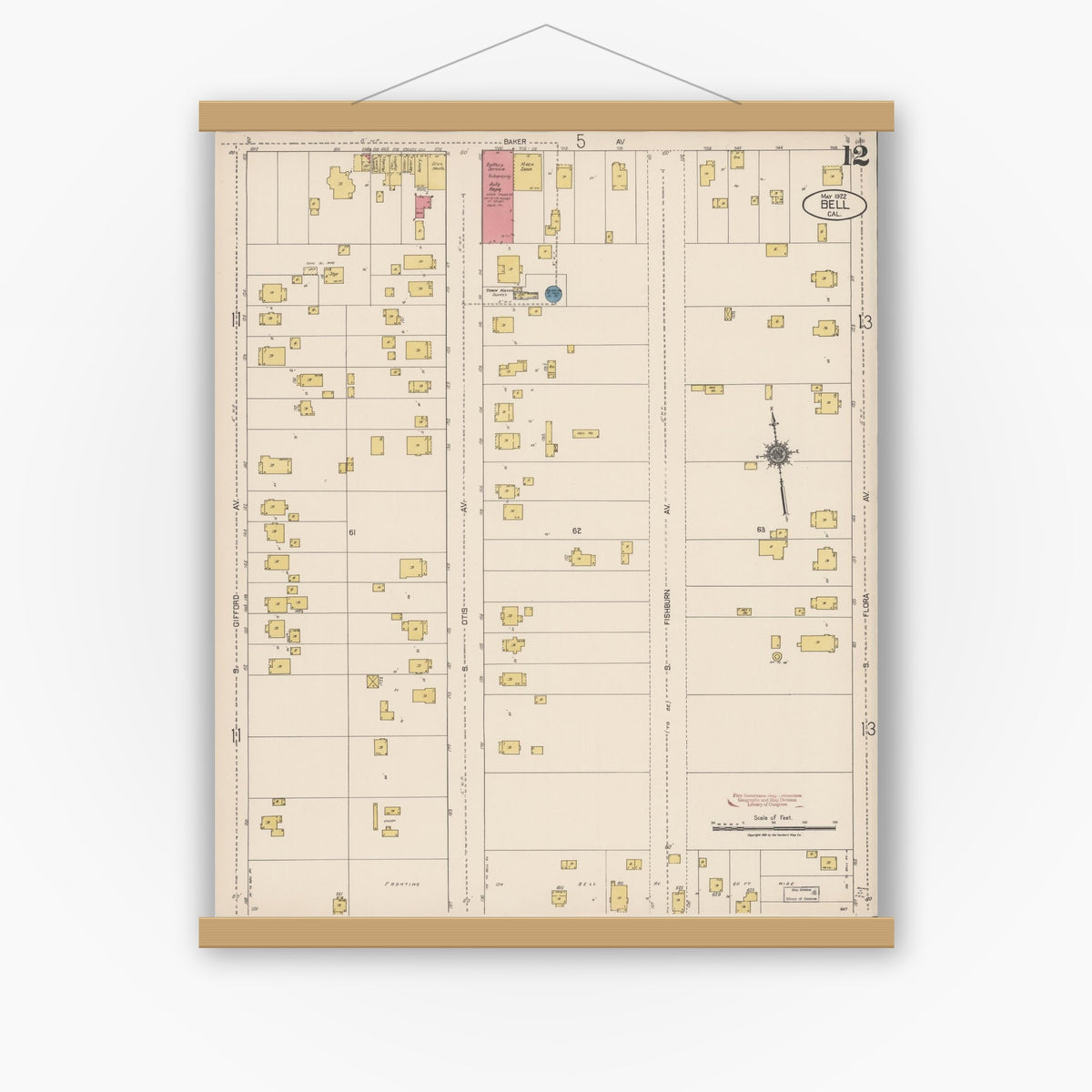 Old map wall art mockup — magnetic wood frame on white wall — Sanborn Fire Insurance Map from Bell, Los Angeles County, California (1922), Sheet #0012