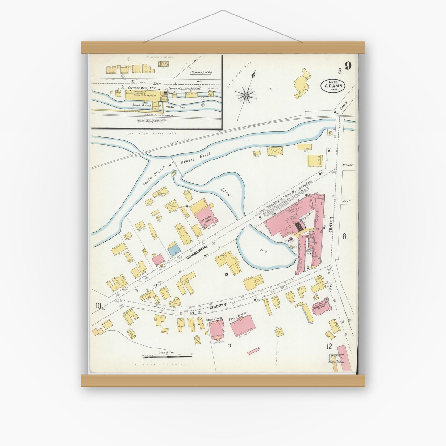 Old map wall art mockup — magnetic wood frame on white wall — Sanborn Fire Insurance Map from Adams, Berkshire County, Massachusetts (1901), Sheet #0009