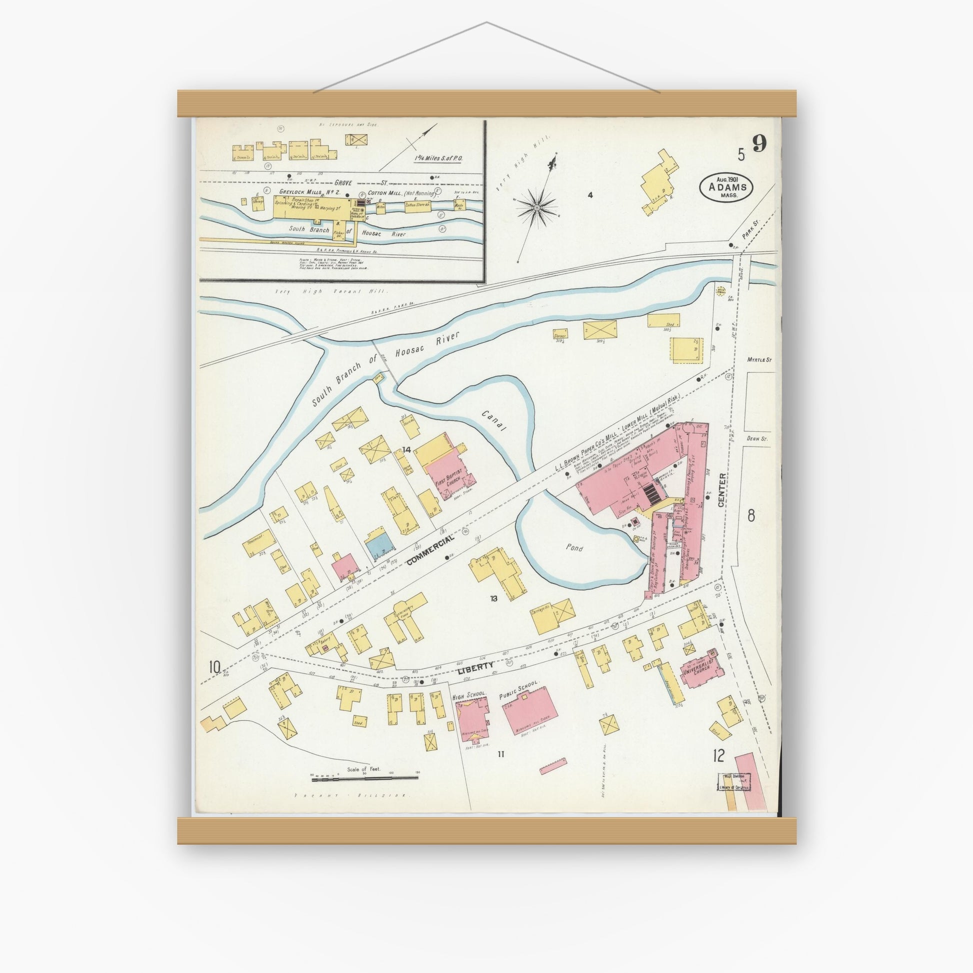 Old map wall art mockup — magnetic wood frame on white wall — Sanborn Fire Insurance Map from Adams, Berkshire County, Massachusetts (1901), Sheet #0009