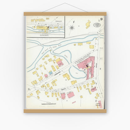 Old map wall art mockup — magnetic wood frame on white wall — Sanborn Fire Insurance Map from Adams, Berkshire County, Massachusetts (1901), Sheet #0009