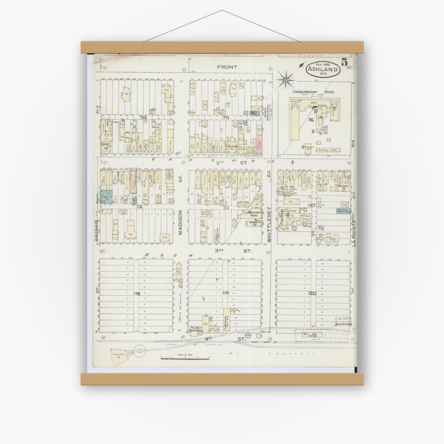 Old map wall art mockup — magnetic wood frame on white wall — Sanborn Fire Insurance Map from Ashland, Ashland County, Wisconsin (1886), Sheet #0005